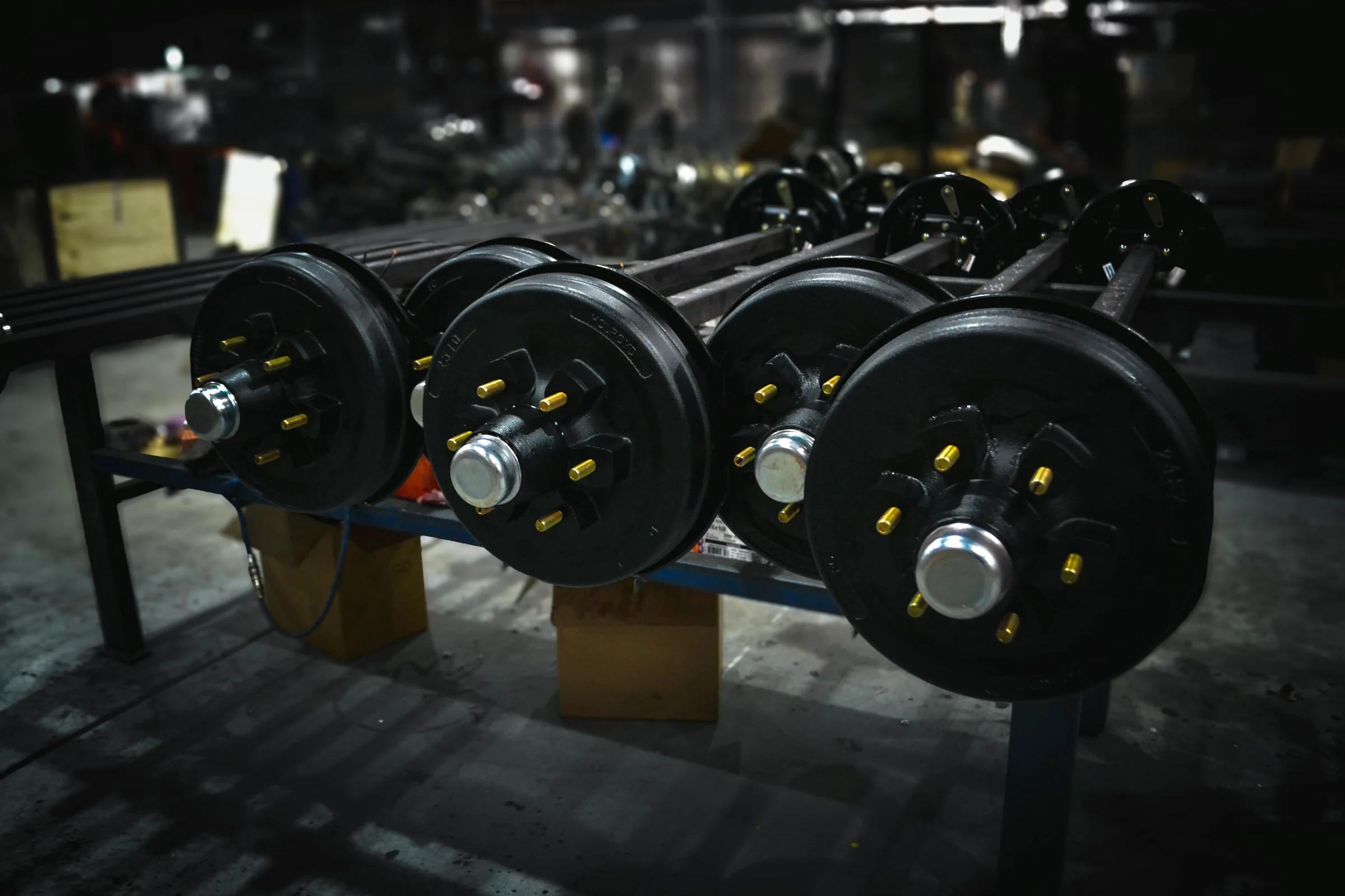 Trailer hub assemblies lined up on an axle line
